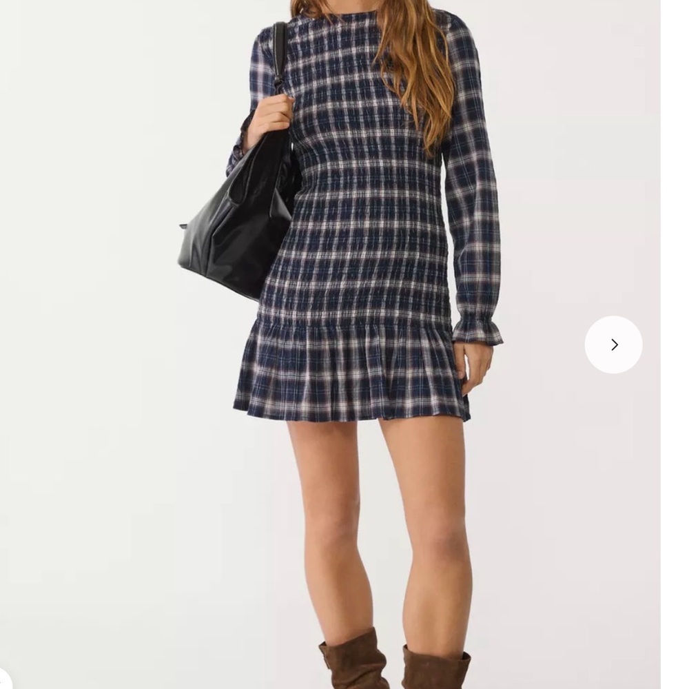 Stradivarius Navy and White Checkered Long Sleeve Dress